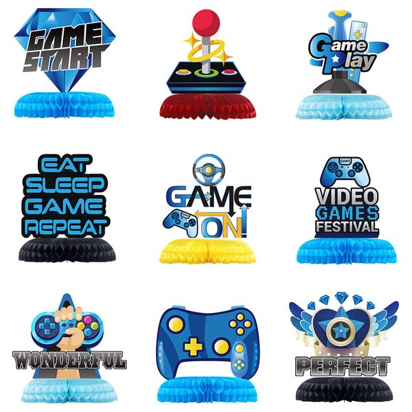 9 Pcs Video Game Honeycomb Centerpieces Video Game Birthday Table Decorations For Boys Blue Game Table Toppers 3D Gaming Party Decorations for Kids Boys Game Themed Birthday Baby Shower