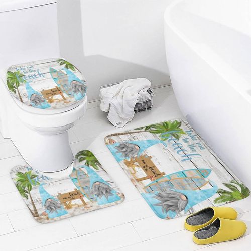 Rustic Summer Beach 4 Pcs Waterproof Shower Curtain Set Vintage Abstract Wooden Gnome Surfboard Palm Trees with Waterproof Toilet Cover Shower Mat Rugs,72" W x 72" L