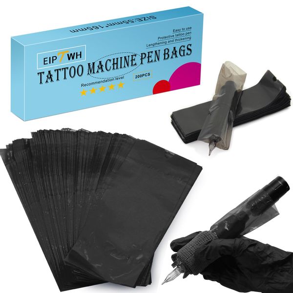 EIPTWH 200PCS Tattoo Stift Abdeckungen, schwarze Farben Einweg Tattoo Maschine Stift Taschen Thikcer&Wider Tattoo Maschine Plastikabdeckungen für Tattoo Künstler Tattoo Supplies