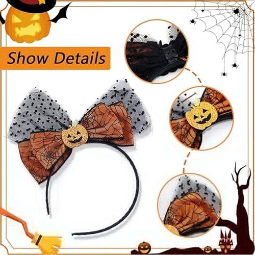 Roffiy Halloween Headbands Pumpkin Bow Hair Bands Thanksgiving Orange Pumpkin Headbands With Mesh Design Hair Accessories for Halloween Cosplay Party Clothing