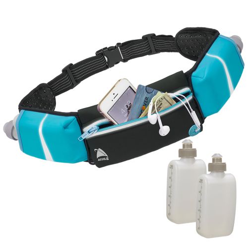 Athlé Running Belt - 2 10oz Water Bottles, Large Fanny Pack Pocket Fits All Phones and Wallet, Bib Fasteners, Adjustable One Size Fits All Waist Band, Key Clip, 360° Reflective - Blue Speed Sash