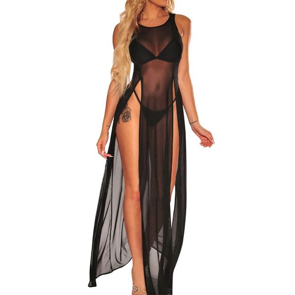 Women Summer Beach Bikini Cover Up, Mesh Swimwear Skirt Tops, Sheer Swimsuit Scoop Neck Tank Maxi Dress Chiffon Beachwear Coverup See Through Blouse Loungewear for Ladies Bodycon Clubwear Sundress