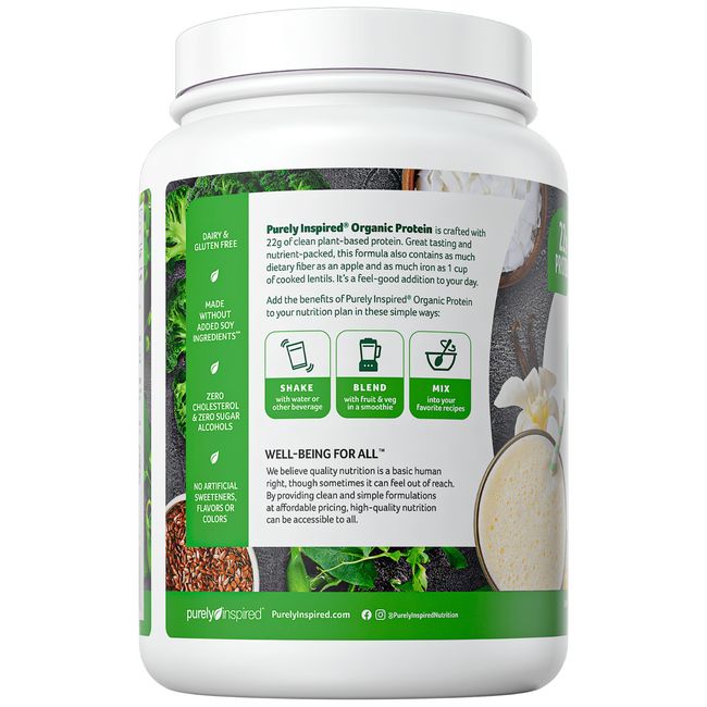 Purely Inspired Organic Plant-Based Protein Powder, Vanilla, 22g Protein,  1.35 lbs, 16 Servings