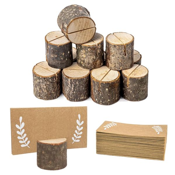 Wettin 12Pcs Rustic Wood Place Card Holders with 15Pcs Kraft Table Place Cards, Wooden Table Number Holders, Table name card holders Photo Holders, for thanksgiving Wedding Birthday Party.