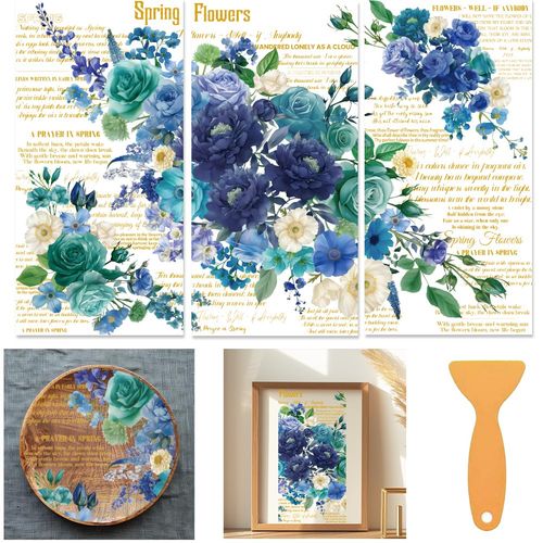 beinkmake 3 Sheets Blue Florals Rub on Transfers for Crafts and Furniture 12×6inch Flowers with Gold Text Background Furniture Transfer Stickers for Wood Furniture Cabinet Dressers Home Decor