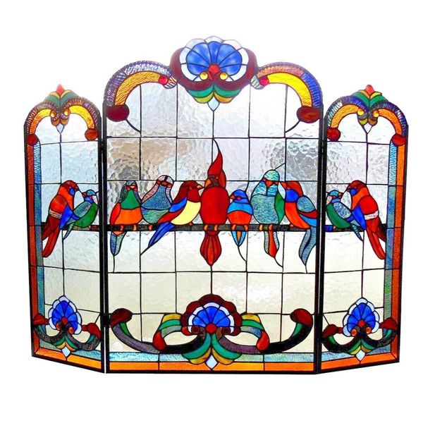 Fireplace Screen Tiffany Style Stained Glass 3 Section Gathering of Birds 32x40