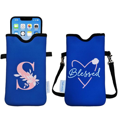 Tainada Neoprene Phone Sleeve Cell Pouch Case Bag w/Personalized Initial (Limited Popular Letters Available) for Women w/Crossbody Strap/Neck Lanyard for Most of Smartphones (Letter S Blue)