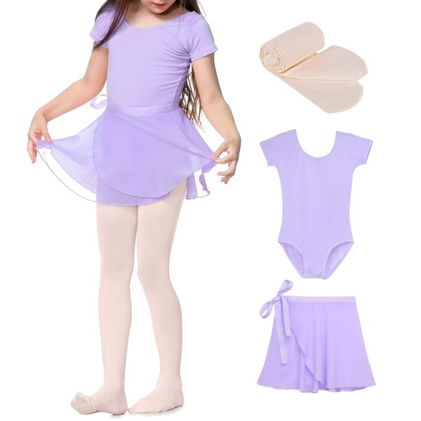 Durio Kinder Ballettkleidung Mädchen Ballettkleid Tanzkleid Mädchen Baumwolle Kurzarm Balletttrikot Mit Röcke und Leggings Helles Lila 4-5 Jahre