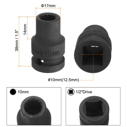 uxcell 1/2" Drive x 10mm Shallow Impact Socket 12-Point Metric CR-MO Steel Nut Impact Grade Socket for Auto Repair