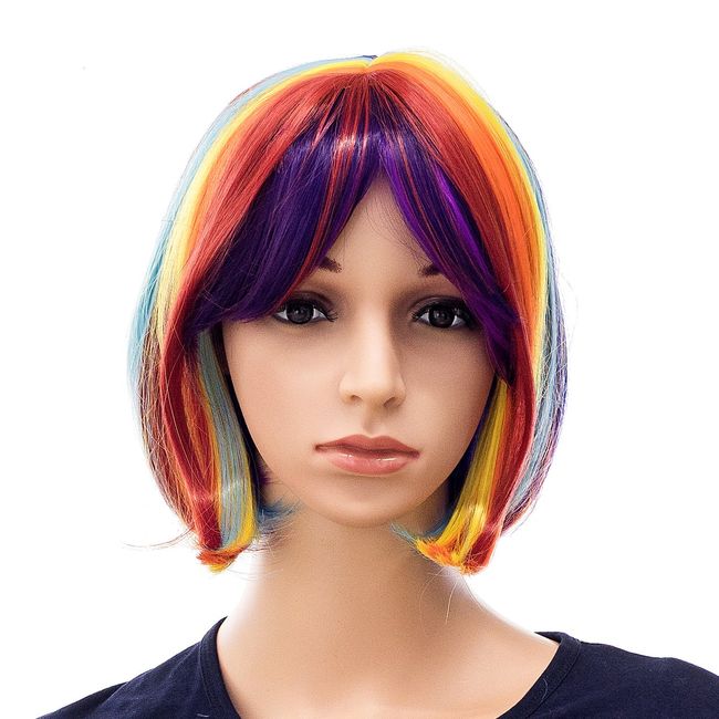 SWACC Rainbow Colors Straight Short Hair Bob Wig Synthetic Colorful Cosplay Daily Party Flapper Wig for Women with Wig Cap