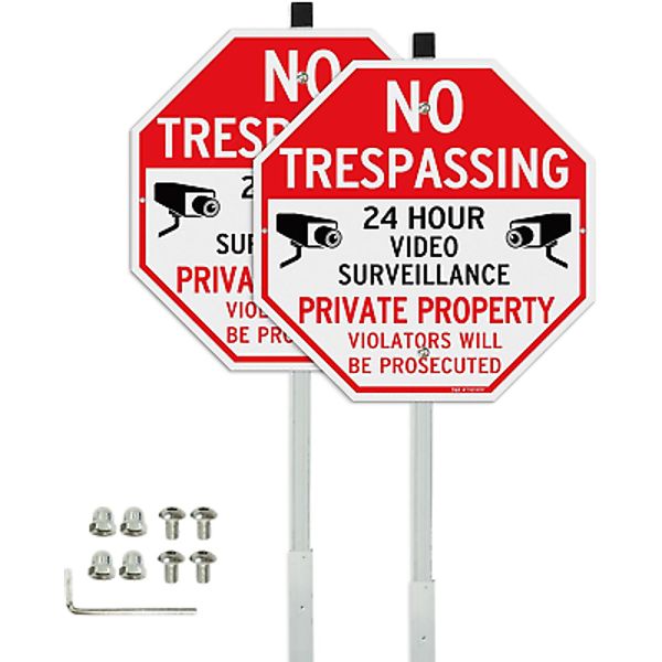 Large No Trespassing Private Property Sign Video Surveillance Sign with 36" Stak