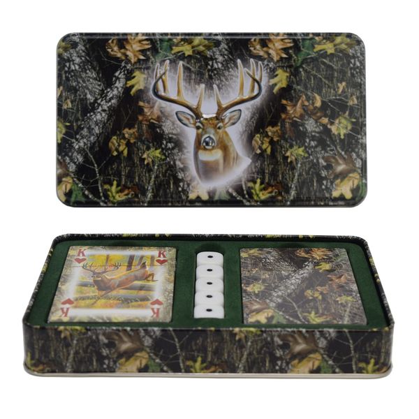 River's Edge Products Playing Cards and Dice Set, 2 Decks of Cards and 5 Dice, Themed Deck of Cards in Tin Case, Unique Novelty Casino Cards for Poker and Gambling Games, Mossy Oak Deer