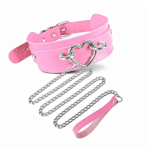 Love Heart Pink Wide Collar with Chains Adjustable Soft PU Choker Necklace for Pet Neck Size 12-15 inches