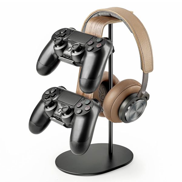 QinCoon Controller und Kopfhörer Halter, Aluminium und Holz Gaming Controller & Headset Ständer Halterung für PS5 PS4 Xbox One Nintendo Switch, Universelles Schreibtisch-Game-Zubehör