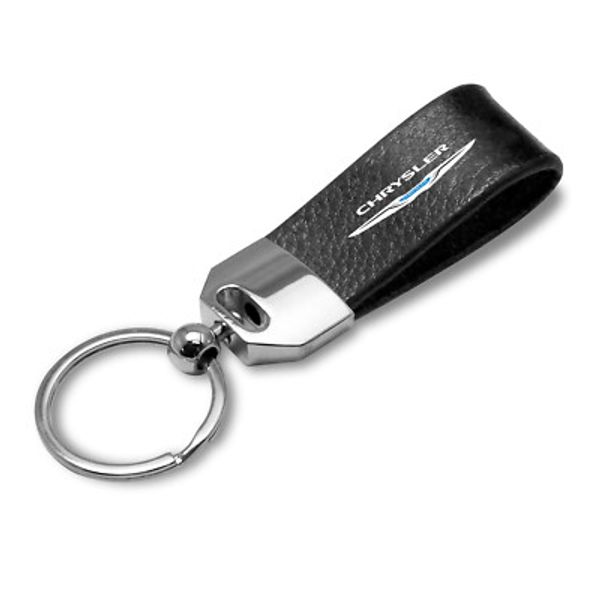 Chrysler Logo Black Leather Strap Chrome Metal Key Chain