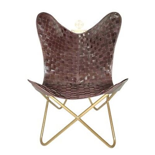 Small Checks Textured Butterfly Chair,Golden Frame Leather Folding Chair PL2-220