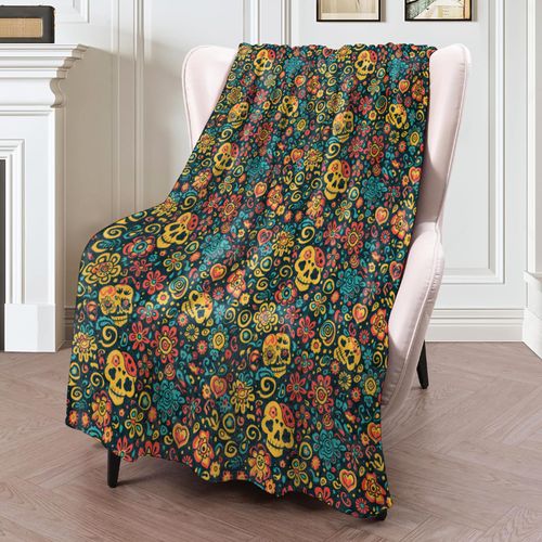 ICAAV Sugar Skull Blanket 50×60 Inch,Colorful Day of The Dead Lightweight Flannel Throw with Flowers, Hearts and Swirls, Festive Decor,Unique Gifts for Halloween, Día De Los Muertos Fans