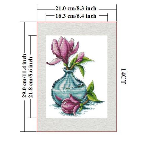 ITSTITCH Stamped Cross Stitch Kits- Full Set of Embroidery for Beginners or Adults,14 CT 2 Strands DIY Magnolia Vase Patterns Counted Arts Craft 8.3×11.4 inch