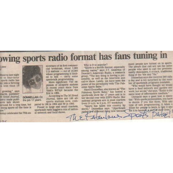 Nanci Donnellan / The Fabulous Sports Babe Autographed 1995 Newspaper Article