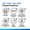 3M VHB Tape 4991, 0.5 in width x 5 yd length (1 Roll)
