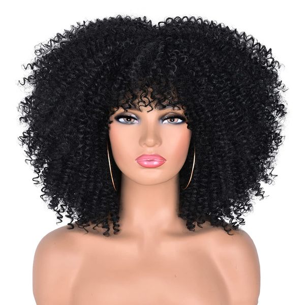 ISAMY 14inch Afro Bomb Curly Wigs for Black Women Short Afro Kinky Curly Wig with Bangs Full Curly Wig (Black)