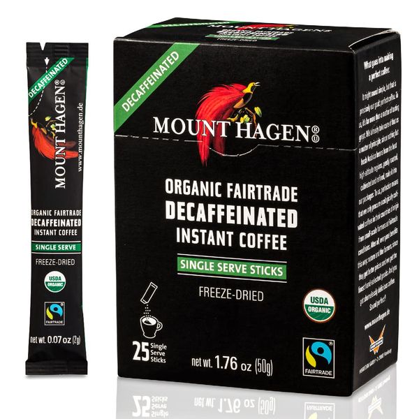 Mount Hagen 25 Count Single Serve Instant Decaf Coffee Packets | Decaffeinated Organic Medium Roast Arabica Beans | Eco-friendly, Fair-Trade [25 sticks/1.76oz/50g]