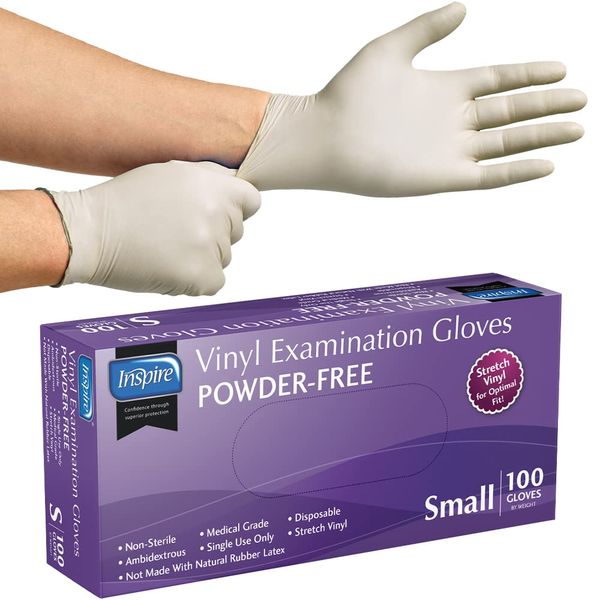 Inspire Stretch Vinyl Exam Gloves | THE ORIGINAL Quality Vinyl Gloves Disposable Latex Free Medical Gloves Cleaning Gloves, Small Box Of 100