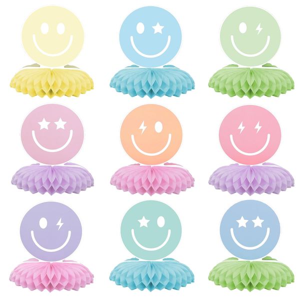 Whaline 9Pcs Smile Face Honeycomb Centerpieces Pastel Smile Face Tabletop Signs Cute Tiered Tray Decor for Birthday Bachelorette Party Home Kitchen Table Decor