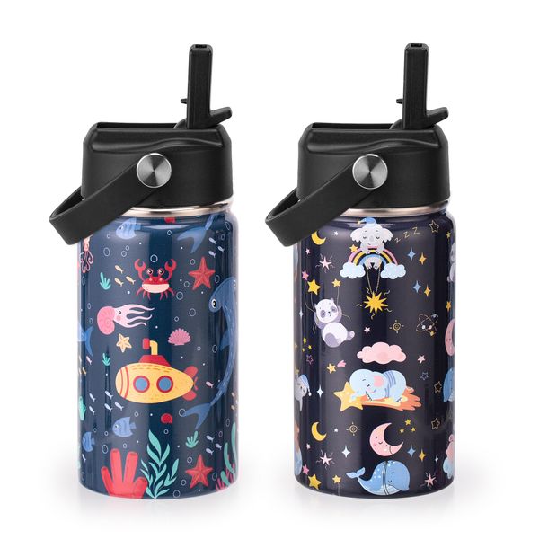 12oz Kids Insulated Water Bottle,Double Wall Vacuum Tumbler,18/8 Stainless Steel Leak Proof Kids Cups with Straw,Metal Water Bottle for School Boys Girls,Underwater World and Sleep