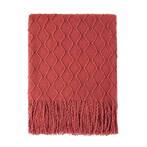 BOURINA Textured Solid Soft Sofa Throw Couch Cover Knitted Decorative Blanket, Rust, 127x152cm