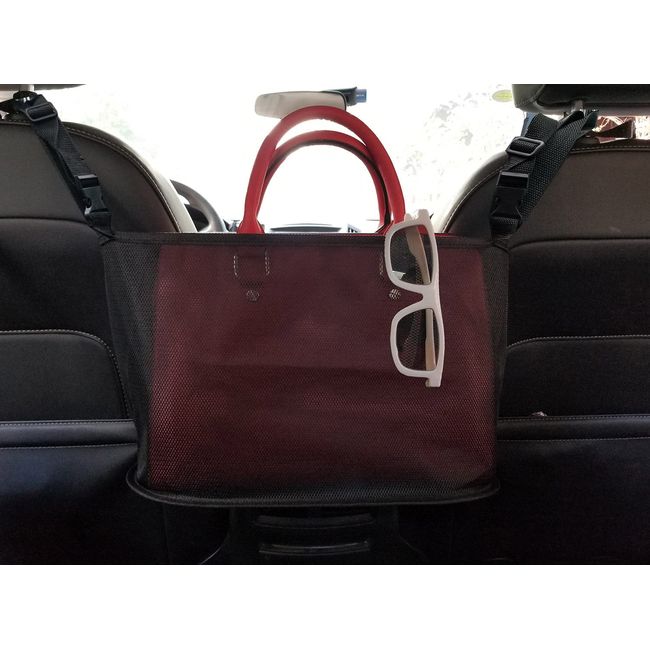 Car Net Pocket Handbag Holder, Driver Storage Netting Pouch, Car Net Pocket for Purses and Bags Front Seat, Handbag Holder for Car, Handbag Holder Attaches to Headrest (Black)