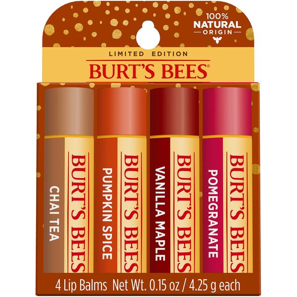 Burt's Bees 100% Natural Moisturizing Lip Balm Pomegranate, Vanilla Maple, Pumpkin Spice, Chai Tea (4 tubes)