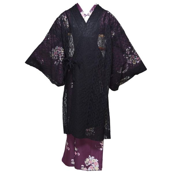HESAKA Kimono Lace Coat, Long Length, Tailored, Black