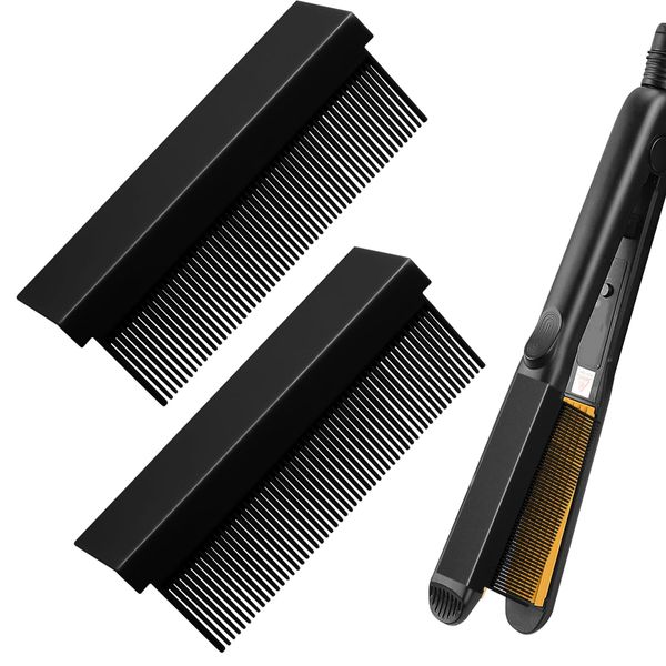 2Pcs Grip Comb for Flat Iron, Straightening Comb Flat Iron Comb Attachment Clip on Grip Comb Attachment for Flat Iron, Hair Straightener Comb Barber Hair Combs for Women, Barber Accessories(Black)