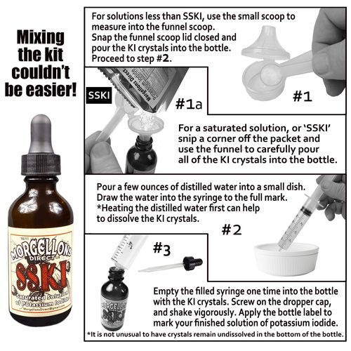Morgellons Direct SSKI Iodine Potassium Iodide Solutions Mixing Kit Includes Necessary Tools and pre-Measured Dietary Supplement Potassium Iodide Crystals. Just add Distilled Water.