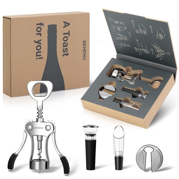 Beneno Wine Opener Set, Beneno Wine Accessories Gift Set, Corkscrew Bottle Opener with Foil Cutter, Wine Vacuum Stoppesr, Wine Aerator Pourer