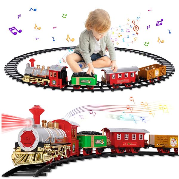 Train Set, Electric Train Sets for Boys Toddlers, Classical Train Toys, Christmas Train Set with Sound, Lights, Locomotive, 3 Cars & 8 Tracks, Christmas Toy Train Gifts for Age 3 4 5 6 Years Old Kids