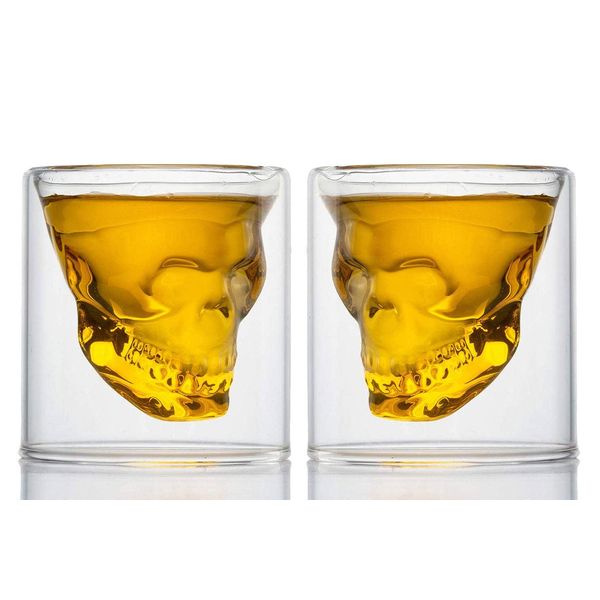 HwaGui Shot Glasses Set of 2 Crystal Skull Shape Whiskey Beer Wine Glasses Party Tableware, 250ml