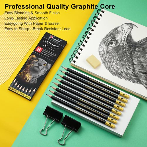Sketching Pencils Set of 8 - B, 2B, 4B, 6B, 8B, HB, 2H, 4H - Drawing Pencils with Graphite Lead & Premium Wood are Ideal for Sketching, Shading & Doodling - For Beginners & Professionals