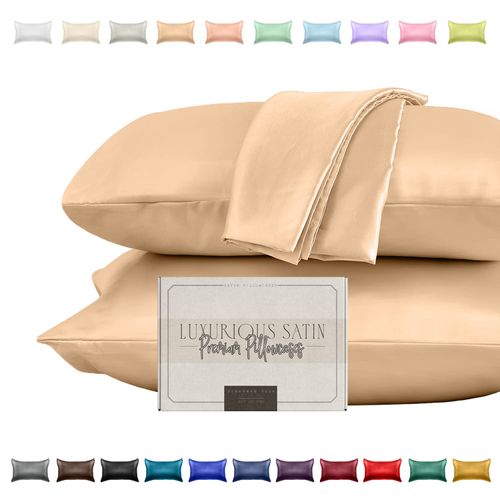 Elegant Comfort Silky and Luxurious 2-Piece Satin Pillowcase Set for Healthier Skin and Hair, Hidden Zipper Closure and Beautifully Packaged, Satin Pillowcase Set, King, Champaign