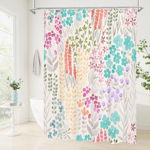 Litabel Cute Colorful Floral Shower Curtain, Boho Teal Flower Shower Curtains for Girls Bathroom Decor, Wildflower Trendy Botanical Waterproof Kids Shower Curtain Set with Hooks 72x72 Inch, White