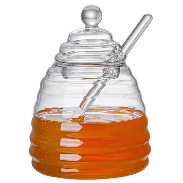 TAMUME 400ml Glass Honey Jar with Glass Honey Dipper and Lid