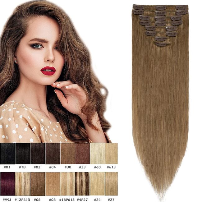 Brown Hair Clip in Extensions Human Hair Real Remy 8 Pieces Straight -Basic Thickness(18"-70g, 06 Light Brown)