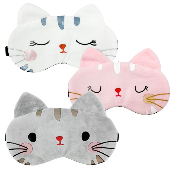 3 cat Eye Masks, Cute Cartoon Sleeping Eye Masks, Plush Shading Eye Masks, Neutral Funny Eye Masks, with Adjustable Shoulder Straps, Suitable for Office, Travel, Camping, etc.