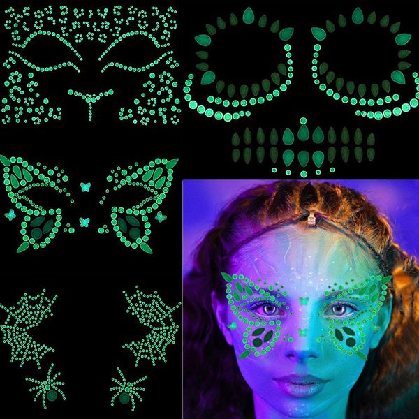 4 Sheets Glow in the Dark Face Gems, Halloween Blacklight Glow Temporary Face Body Tattoos Day of the Dead Face Gems Rhinestone Stickers for Skeletons, Spiderwebs, Butterfly, Cat Costume Accessories