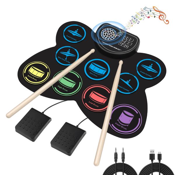 Electronic Drum Set, Marrilley 9 Drum Practice Pad with Headphone Jack, Roll-up Drum Pad Machine Built-in Speaker Drum Pedals Drum Sticks 10 Hours Playtime, Great Holiday Xmas Birthday Gift for Kids