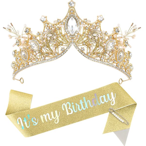 BAHABY Gold Birthday Crowns for Women, It's My Birthday Sash & Birthday Headband Set Princess Birthday Sash and Rhinestone Tiara Birthday Party Decorations