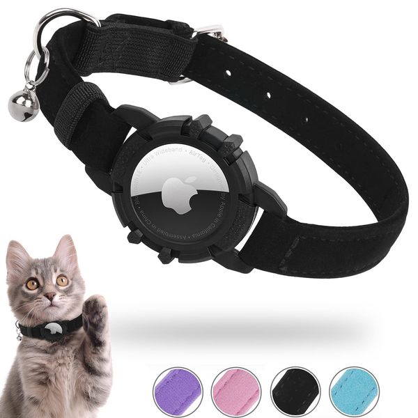 JIARUI Airtag Katzenhalsband Samt, Integriertes Apple Air Tag Katzen, Weiches GPS mit Airtag Halterung und Glocke Leichtes Tracker Halsband, Mädchen/Jungen Katze, Schwarz