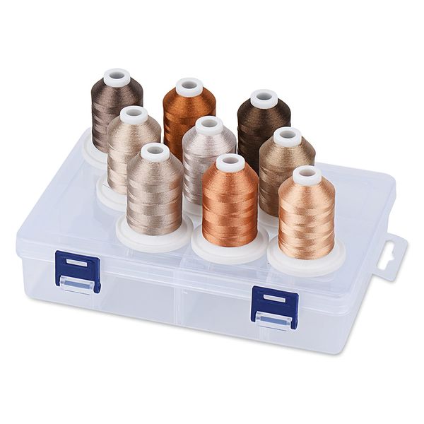 Simthread Embroidery Thread with Storage Box, 800 Yards Snap Spools 9 Brown Colors for Embroidery and Sewing Machine