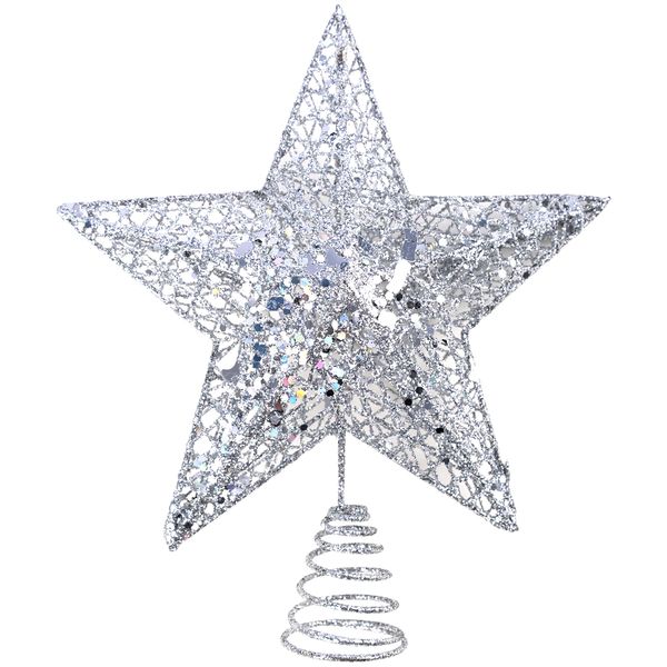 KEYIDO® Silver Star Christmas Tree Topper, 9.5 Inch 3D Metal Silver Glitter Star Tree Topper, Silver Xmas Tree Star Topper